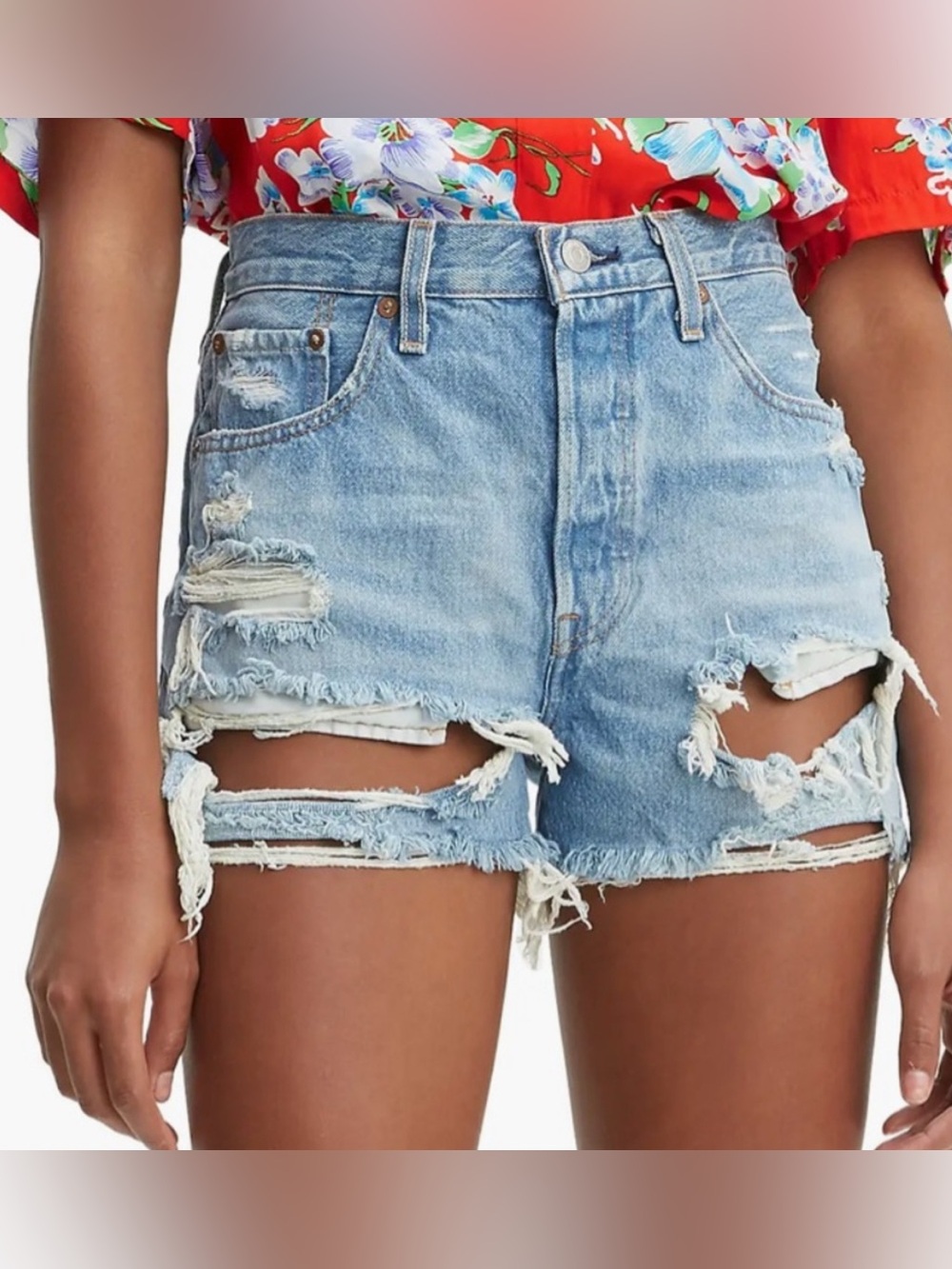 Levi’s 501 high waisted button fly distressed denim shorts size 28